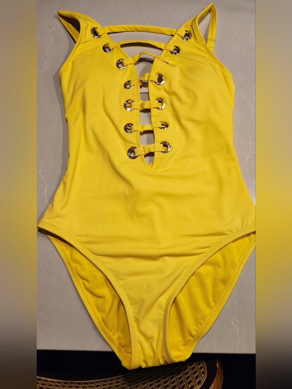 Bleu Rod Beattie Bright Yellow One-Piece Swimsuit with Gold Rings